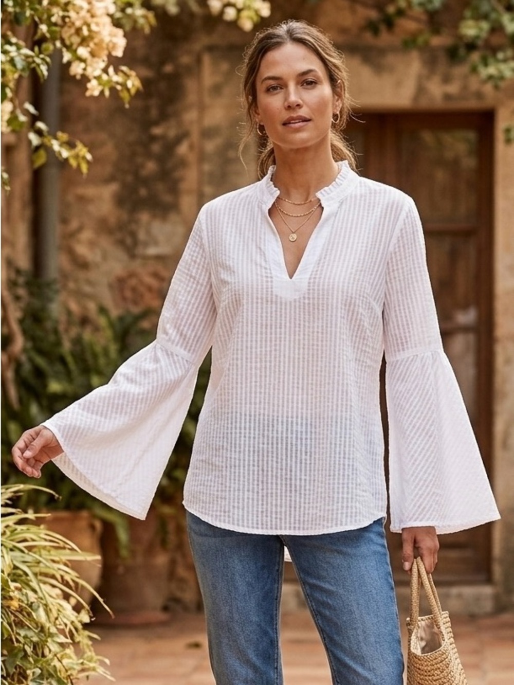 J.McLaughlin White Cotton Striped Bell Sleeve Ruffle Tunic Top XS
